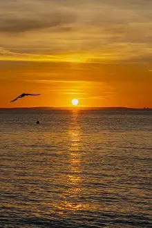 The sun setting over the Welsh coast with a streak of Sunlight going across the sea
