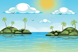 Palm Beach Prints: Sun shines over tropical islands landscape background in flat style