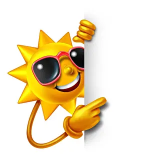 Summer Vacation Prints: Sun summer fun as a three dimensional cartoon character holding a blank white sign as a symbol of leisure sunny