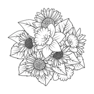 Pencil Sketch Prints: sunflower and daffodil flower outline vector of doodle style line art coloring page design