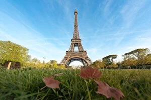 Images Dated 6th May 2016: Sunny morning in Paris and Eiffel Tower with maple leaf at Paris, France