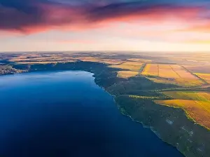 Dnister Prints: Sunny morning view from flying drone of the shore of Bakotska Bay
