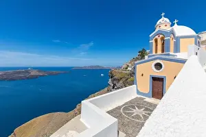Fira Prints: Sunny travel landscape, belltower of a church with a view of Santorini volcanic caldera and ships in it