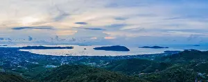 sunrise above Chalong sea aerial view 360 degree view on Phuket big Buddha viewpoint