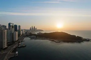 Sunrise at Haeundae beach in Busan. Haeundae beach is Busan's most popular beach in South Korea