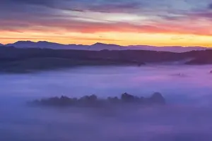 Horizont Prints: Sunrise Over Misty Landscape. Scenic View Of Foggy Morning Sky With Rising Sun Above Misty Forest
