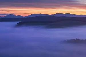 Horizont Prints: Sunrise Over Misty Landscape. Scenic View Of Foggy Morning Sky With Rising Sun Above Misty Forest