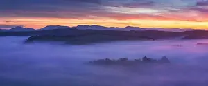 Horizont Prints: Sunrise Over Misty Landscape. Scenic View Of Foggy Morning Sky With Rising Sun Above Misty Forest