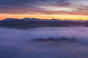 Horizont Prints: Sunrise Over Misty Landscape. Scenic View Of Foggy Morning Sky With Rising Sun Above Misty Forest