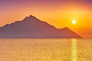 Images Dated 3rd September 2017: Sunrise over Mount Athos, Halkidiki or Chalkidiki, Greece