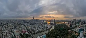 Landmark 81 Prints: Sunrise panorama of Ho Chi Minh City and Saigon River including all key buildings with beautiful sky