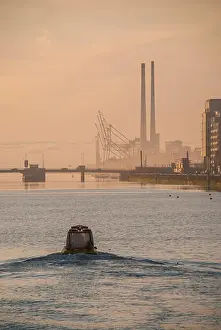 Eire Prints: Sunrise on the River Liffey with view at Dublin's Docklands with boat