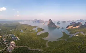 Unseen Thailand Prints: Sunrise Samet Nang She viewpoint Phangnga Bay Thailand, Drone view over the Bay