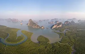 Unseen Thailand Prints: Sunrise Samet Nang She viewpoint Phangnga Bay Thailand, Drone view over the Bay