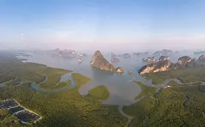 Unseen Thailand Prints: Sunrise Samet Nang She viewpoint Phangnga Bay Thailand, Drone view over the Bay