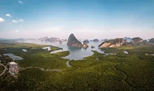 Unseen Thailand Prints: Sunrise Samet Nang She viewpoint Phangnga Bay Thailand, Drone view over the Bay