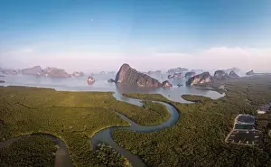 Unseen Thailand Prints: Sunrise Samet Nang She viewpoint Phangnga Bay Thailand, Drone view over the Bay