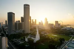 Marina Bay Prints: Sunrise at Singapore business district skyline and Singapore skyscraper with St