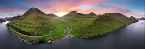 Eysturoy Prints: Sunset Aerial panorama of mountains and ocean around village of Funningur on Faroe Islands