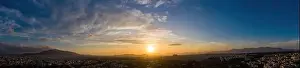 Sunset over Athens, Greece. Aerial drone panoramic view from Penteli mount