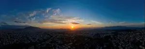 Penteli Prints: Sunset over Athens, Greece. Aerial drone panoramic view from Penteli mount
