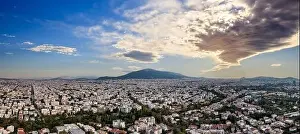 Penteli Prints: Sunset over Athens, Greece. Aerial drone panoramic view from Penteli mount