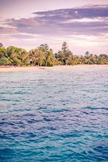 Sunset beach coastline with palm trees and calm sea under colorful sky. Vertical beach landscape
