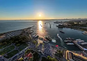 Interchange Prints: Sunset bird's eye view from aerial drone shooting of Kadikoy Port