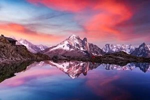 Images Dated 16th October 2018: Sunset on lake Lac Blanc in France Alps. Monte Bianco mountains range glowing by sunset light