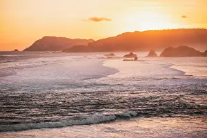 High Hill Prints: Sunset landscape with huge waves and mountain hills on horizon