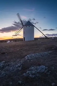 Sunset landscapes of Don Quixote windmills in Campo de Criptana, Toledo, Spain