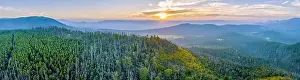 Sunset over mountains and forest in Yarra Ranges National Park - aerial panoramic landscape