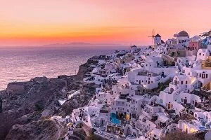 Images Dated 24th July 2021: Sunset night view of traditional Greek village Oia on Santorini island in Greece
