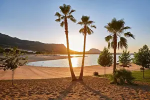 Extremadura Prints: Sunset with palm trees at artificial beach. Peloche, Badajoz. Spain