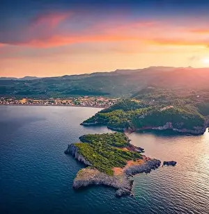 Euboea Prints: Sunset on Saint Basil Beach with Agkali village on background