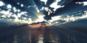 Colours Prints: sunset sea sun ray clouds, 3d rendering illustration