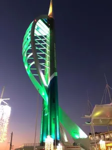 Small Boats Prints: Sunset over the Solent at Portsmouth, Spinnaker Tower light up in Green