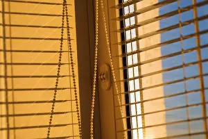Roller Prints: Sunset sun shines through the blinds. Golden hour
