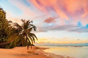 Sunset sunrise beach landscape. Amazing colors sky and calm sea water with palm trees over tranquil beach