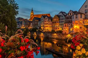 Tower Building Prints: Sunset view of colorful facades of houses alongside river Neckar in Tubingen, Germany