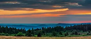 Sunset over the Vosges. Panoramic view from drone, France
