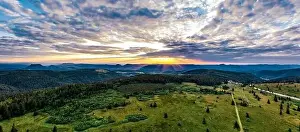 Sunset over the Vosges. Panoramic view from drone, France