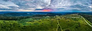 Sunset over the Vosges. Panoramic view from drone, France