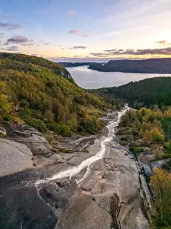 Impression Prints: Sunset at Waterfall Skreli fossefallet, Skrelia, Skrelifallan near Lyngdal, Norway
