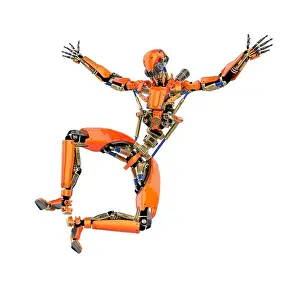 Artificial Intelligence Prints: super robot is giving a happy jump, 3d illustration