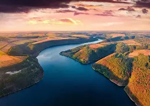 Dnister Prints: Superb morning view from flying drone of canyon of Ushytsia river