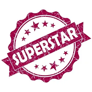 Scratched Prints: Superstar pink vintage round grunge seal isolated on white background