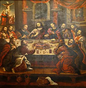 Peruvian Prints: The Last Supper painting by Marcos Zapata in the Cathedral at Plaza de Armas, Cuzco, Peru
