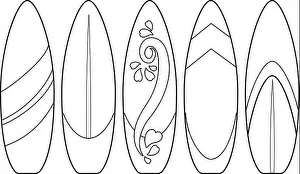 Surfboard Prints: Surfboards collection. Vector black and white coloring page