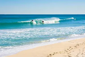 Western Australia Prints: Surfers riding small waves at the beach break, Scarborough Beach, Perth, Western Australia